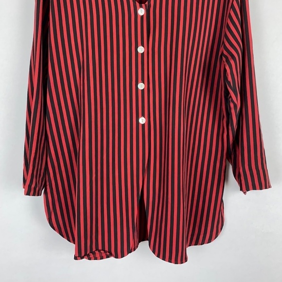 Silk House Red Black Vertical Stripes 100% Silk Button Down top, Small EUC - Picture 4 of 4